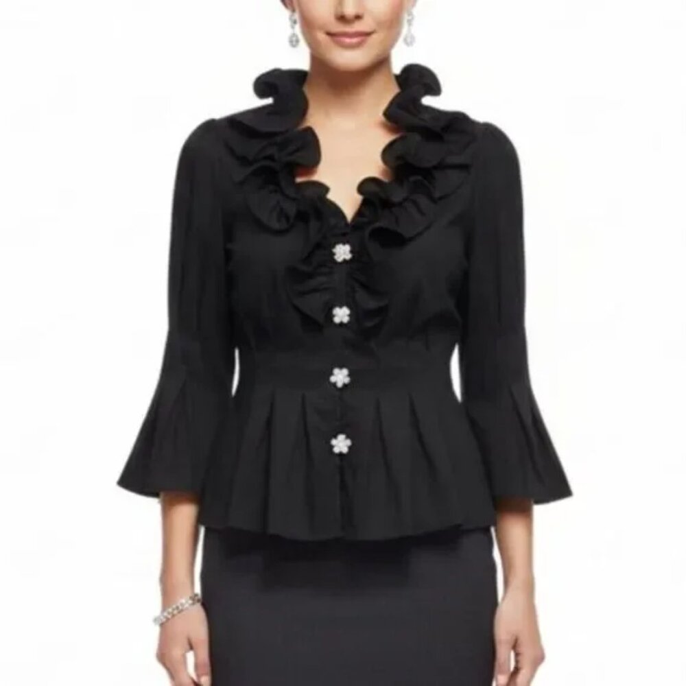 Chetta B Black Blouse Top 4 Ruffle Collar Party Event Jeweled Rhinestone Buttons